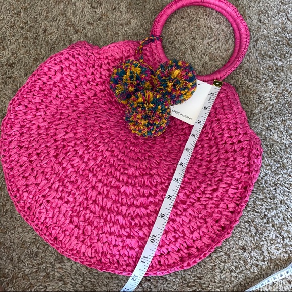 Boho Beach Pink Straw Pom Pom Circle Bag - Picture 5 of 5